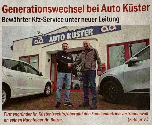Zeitungsartikel aus dem Blickpunkt über den Generationswechsel bei Auto Küster in Reinbach
